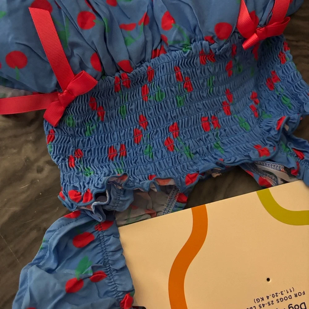 oodles Blue Dog Dress with Cherry Print